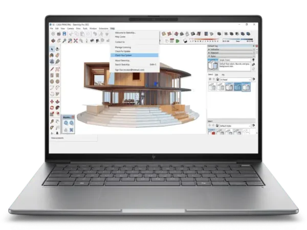 HP ZBook 8 G1i 14" mobile workstation laptop in silver with 24GB RAM, running SketchUp software.