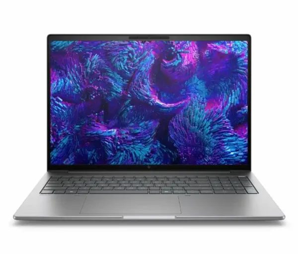 HP ZBook 8 G1i 16-inch mobile workstation laptop in silver with vibrant wallpaper.