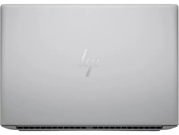 Silver HP ZBook Fury G11 laptop with embossed HP logo and ventilation grille.