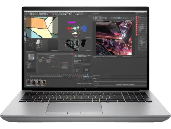 HP ZBook Fury G11 laptop with 16-inch screen, silver finish, displaying 3D design software.