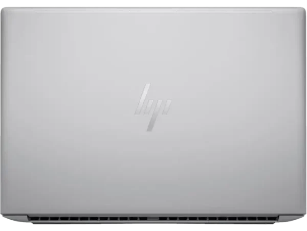 Silver HP ZBook Fury G11 laptop with embossed HP logo and ventilation grate.