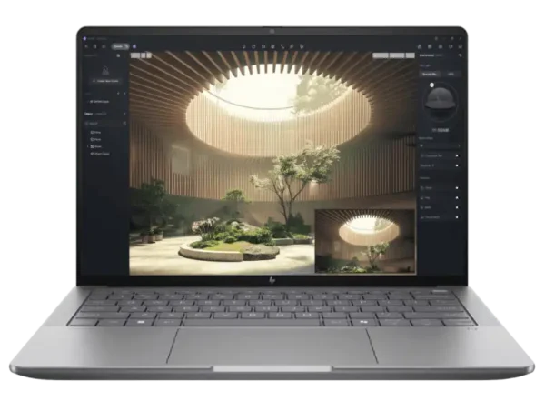 HP ZBook Ultra G1a mobile workstation laptop with 14-inch screen displaying 3D architectural rendering.