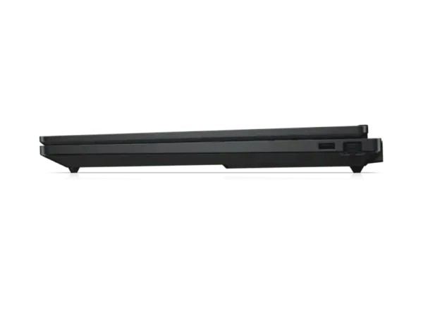Side view of a black HP OMEN gaming laptop showing ports and sleek design.