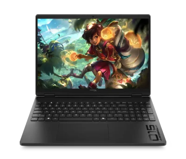 Black HP OMEN 15.3-inch gaming laptop with vibrant game display and "015" logo.
