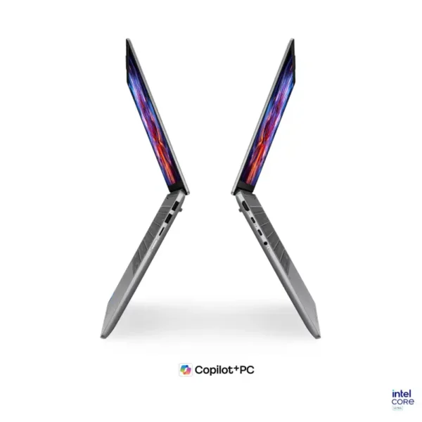 Two silver Lenovo IdeaPad laptops angled towards each other, displaying vibrant screens, with Copilot+PC and Intel Core Ultra