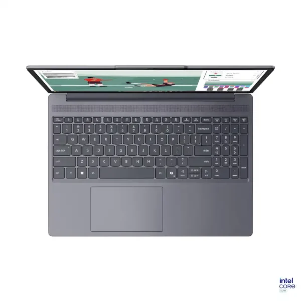 Top view of a grey Lenovo IdeaPad Slim 3 laptop with an Intel Core Ultra 5 processor and 15.3" WUXGA display.