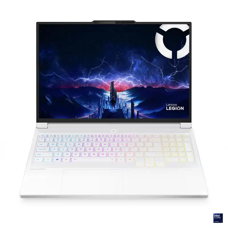 White Lenovo Legion 7 laptop with a vibrant city and lightning wallpaper on screen.