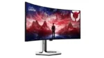Lenovo Legion Pro 34WD-10 34-inch OLED WQHD 240Hz curved gaming monitor with a person standing before a digital landscape.