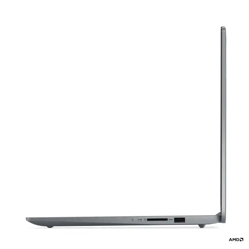 Lenovo IdeaPad Slim 3 laptop side profile showing ports and AMD logo.