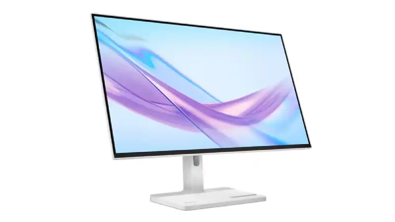 Lenovo L27q-4A 27-inch QHD IPS 100Hz monitor with a white stand and screen displaying a colorful abstract design.