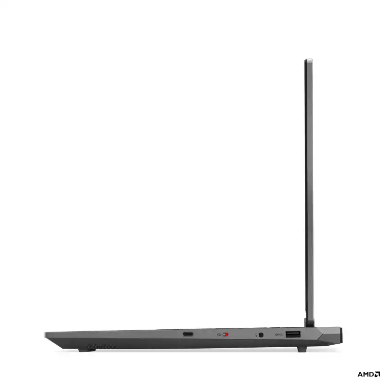 Lenovo LOQ 15ARP9 laptop side view showing ports and AMD logo.