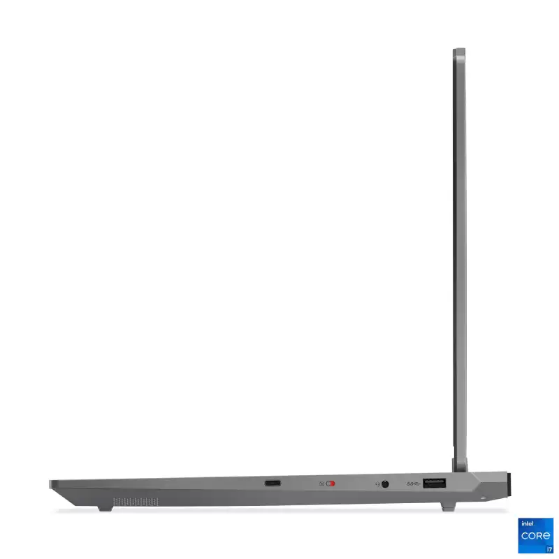 Lenovo LOQ 15IRX10 laptop side view showing ports and Intel Core i7 badge.