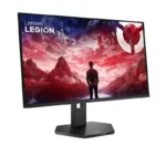 Lenovo Legion 27Q-10 QHD QD-OLED 240Hz gaming monitor with striking red and blue mountain landscape wallpaper.