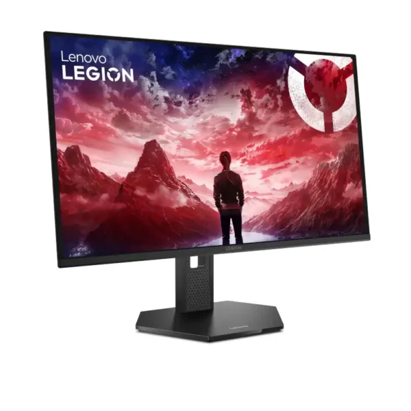 Lenovo Legion 27Q-10 QHD QD-OLED 240Hz gaming monitor with striking red and blue mountain landscape wallpaper.