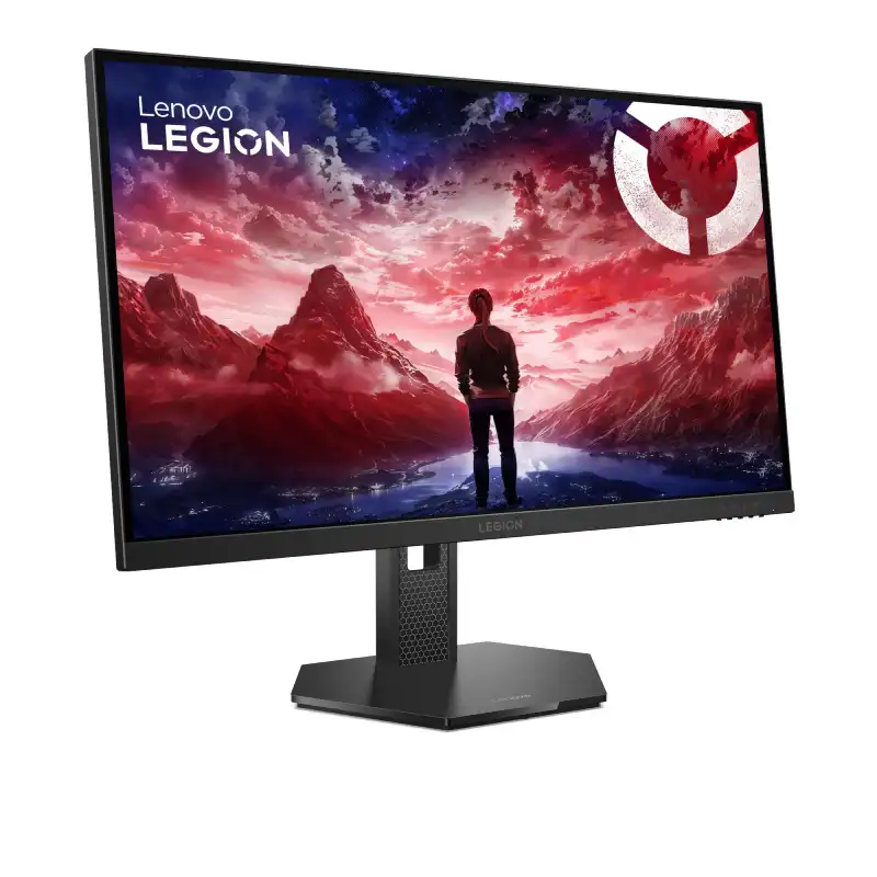 Lenovo Legion 27-inch 240Hz FHD IPS gaming monitor with striking red and blue mountain landscape wallpaper.