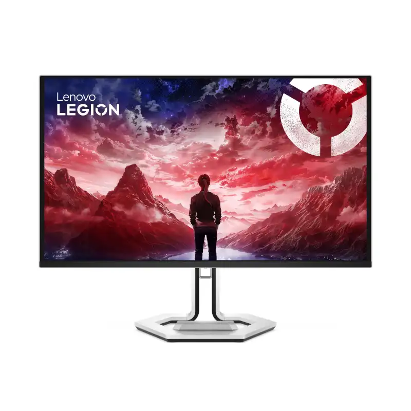 Lenovo Legion Pro 27UD-10 monitor with a person facing a dramatic landscape on screen.