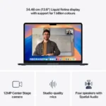 Apple MacBook Air 13-inch M4 laptop in Midnight with Liquid Retina display, 12MP camera, studio-quality mics, and Spatial Aud