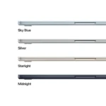 Apple MacBook Air 15-inch M4 in Silver, showing four color options: Sky Blue, Silver, Starlight, and Midnight.
