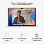 Apple MacBook Air 15-inch M4 laptop in Starlight, featuring a Liquid Retina display, 12MP camera, studio-quality mics, and si