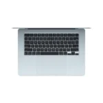 Top view of a Sky Blue Apple MacBook Air 15-inch M4 laptop with a full keyboard and trackpad.