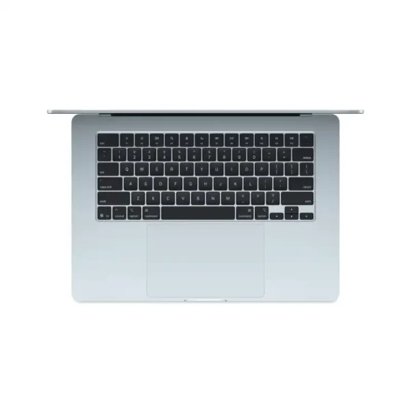 Top view of a Sky Blue Apple MacBook Air 15-inch M4 laptop with a full keyboard and trackpad.