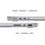 Close-up of Apple MacBook Pro ports: MagSafe, Thunderbolt 4, headphone jack, SDXC, and HDMI.