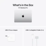 14-inch MacBook Pro in silver with USB-C power adapter and MagSafe 3 cable.