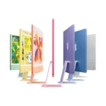 Colorful Apple iMac 24-inch M4 desktops in blue, purple, pink, yellow, and green.