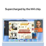 Apple iMac 24-inch M4 in blue displays a fantasy tabletop role-playing game interface with video calls.