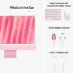 Pink Apple iMac 24-inch M4 with Magic Keyboard, Magic Mouse, and power adapter.