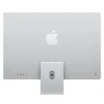 Back of silver Apple iMac 24-inch M4 with Apple logo, stand, and ports.