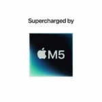 Apple M5 chip with Apple logo on a dark background with green and blue gradient.