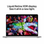 Apple MacBook Pro 14-inch M5 laptop in silver displays a vibrant party scene with diverse individuals.