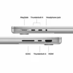 Close-up of Apple MacBook Pro 14-inch ports: MagSafe, Thunderbolt 4, headphone jack, SDXC, and HDMI.