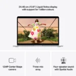 Apple MacBook Air 13-inch M5 laptop in silver with Liquid Retina display, 12MP camera, three-mic array, and four-speaker soun