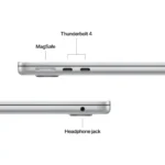 Silver Apple MacBook Air showing MagSafe, Thunderbolt 4 ports, and headphone jack.