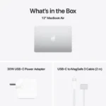 13-inch MacBook Air in silver with 30W USB-C adapter and USB-C to MagSafe 3 cable.