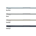 Apple MacBook Air 13-inch M5 laptop in Starlight, Sky Blue, Silver, and Midnight colors.