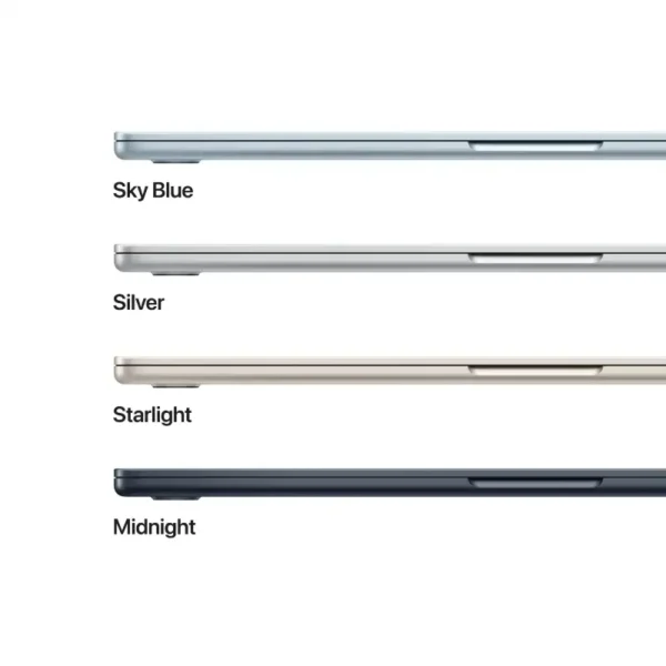 Apple MacBook Air 15-inch M5 laptop in Sky Blue, Silver, Starlight, and Midnight colors.