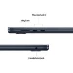 Close-up of Apple MacBook Air 15-inch M5 ports: MagSafe, two Thunderbolt 4, and headphone jack.