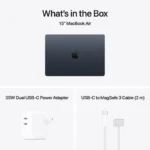 Apple MacBook Air 15-inch Midnight laptop with dual USB-C power adapter and MagSafe 3 cable.