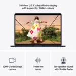 Apple MacBook Air 15-inch in Midnight features a Liquid Retina display, 12MP Center Stage camera, three-mic array, and six-sp