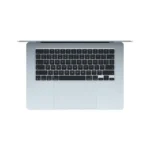 Top view of a silver Apple MacBook Air 15-inch laptop with a Sky Blue finish, showcasing its keyboard and trackpad.