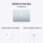 15-inch MacBook Air in Sky Blue with 35W dual USB-C charger and MagSafe 3 cable.