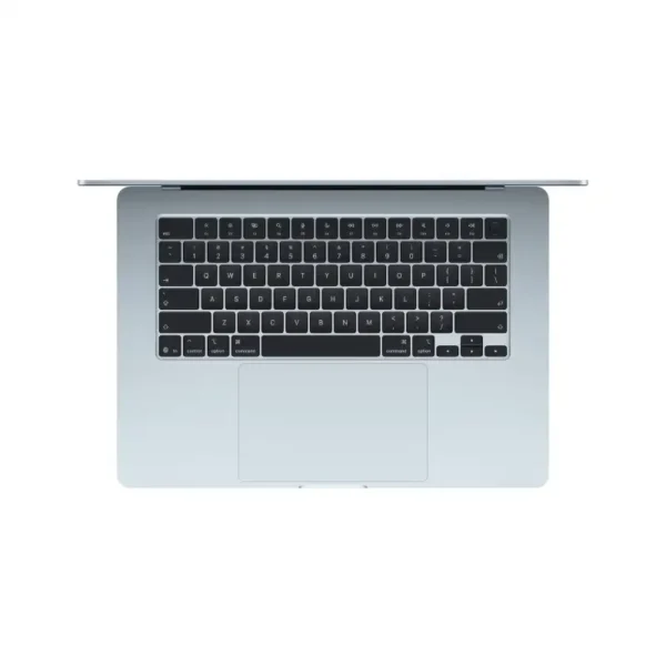 Top view of an open Sky Blue Apple MacBook Air 15-inch laptop with M5 chip, 24GB RAM, and 1TB SSD.