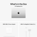 What's in the box for the 14-inch MacBook Pro: laptop, 96W USB-C power adapter, and USB-C to MagSafe 3 cable.