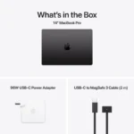 Apple MacBook Pro 14-inch M5 Max in Space Black, with 96W USB-C power adapter and USB-C to MagSafe 3 cable.