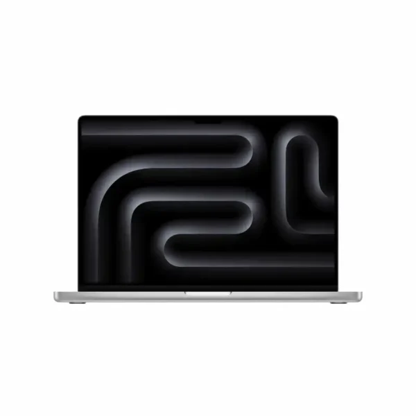 Apple MacBook Pro 16-inch M5 Pro laptop in silver with a dark, abstract wallpaper.