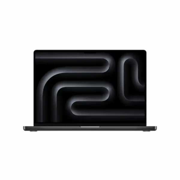 Apple MacBook Pro 16-inch M5 Pro in Space Black with a dark abstract wallpaper.