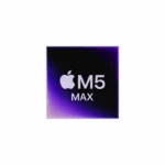 Apple M5 Max chip with 18-core CPU and 40-core GPU on a black and purple background.